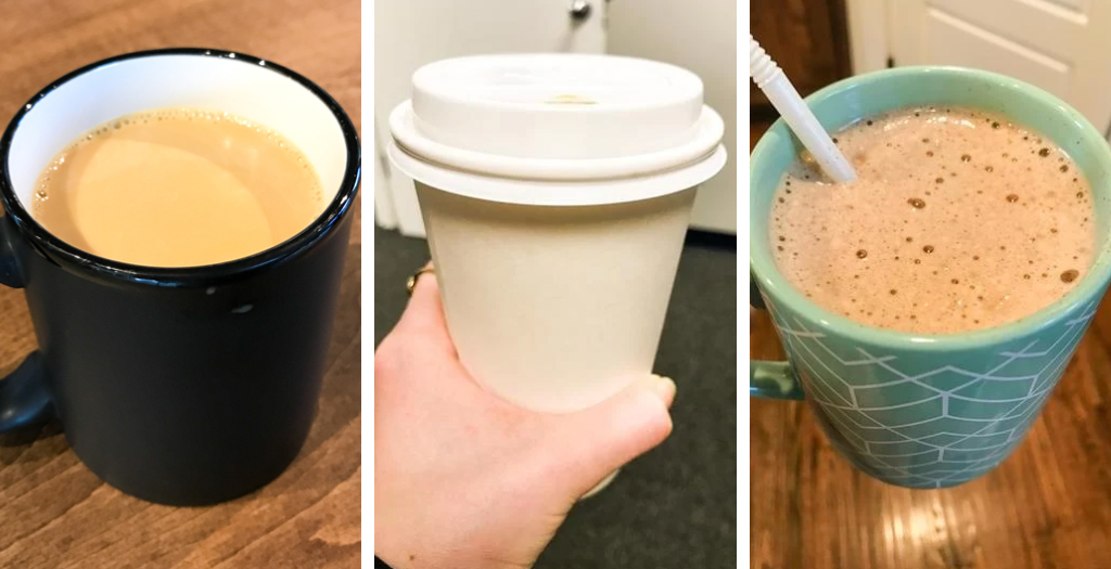 3 pictures of coffee - one blag mug, one disposable cup, one mint green mug